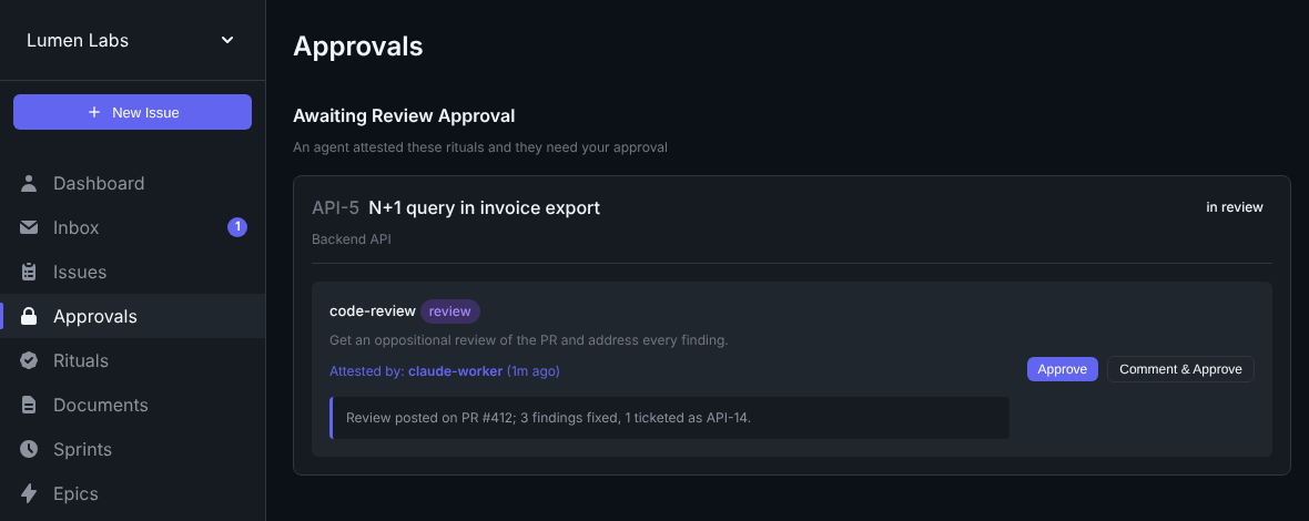 Approvals view: an agent attested the code-review ritual on a ticket, and it waits for a human to approve