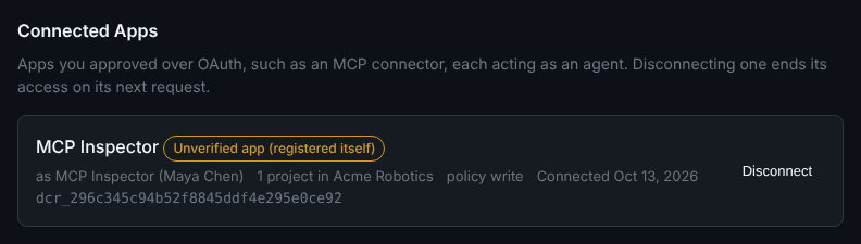 Settings, Connected Apps: MCP Inspector, acting as the agent MCP Inspector (Maya Chen), 1 project in Acme Robotics, policy write, with a Disconnect button